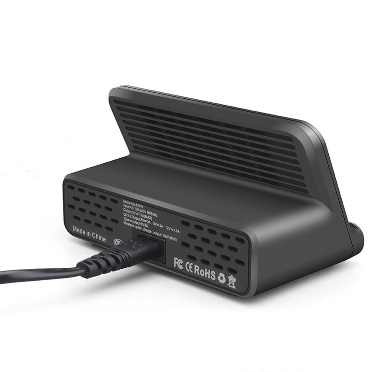 828W 7 in 1 60W QC 3.0 USB Interface + 4 USB Ports + USB-C / Type-C Interface + Wireless Charging Multi-function Charger with Mobile Phone Holder Function, US Plug, US Plug White, US Plug Black