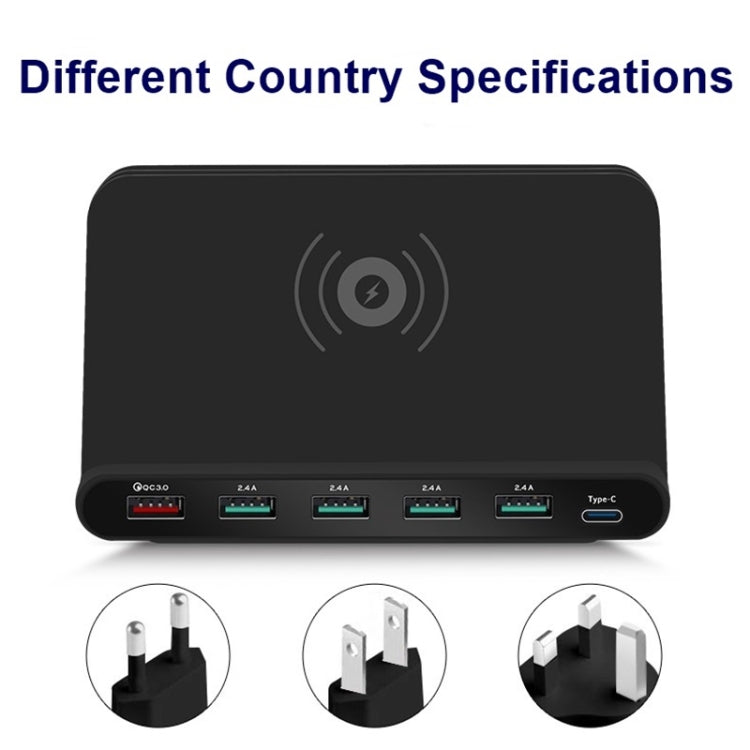 828W 7 in 1 60W QC 3.0 USB Interface + 4 USB Ports + USB-C / Type-C Interface + Wireless Charging Multi-function Charger with Mobile Phone Holder Function, US Plug, US Plug White, US Plug Black