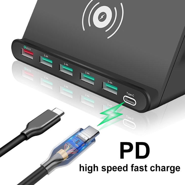 828W 7 in 1 60W QC 3.0 USB Interface + 4 USB Ports + USB-C / Type-C Interface + Wireless Charging Multi-function Charger with Mobile Phone Holder Function, US Plug, US Plug White, US Plug Black