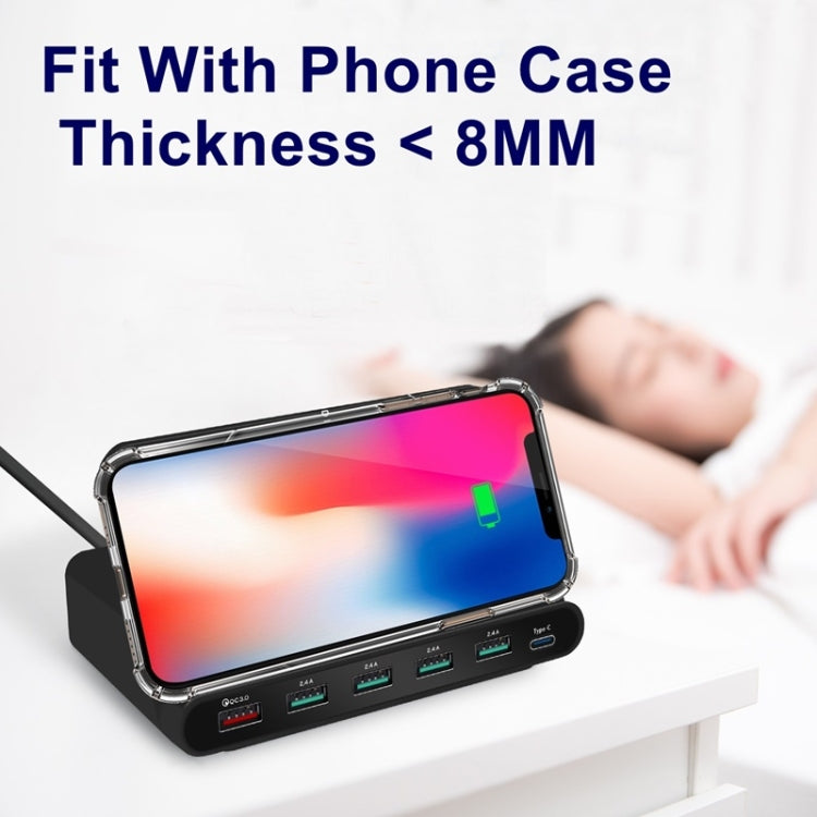 828W 7 in 1 60W QC 3.0 USB Interface + 4 USB Ports + USB-C / Type-C Interface + Wireless Charging Multi-function Charger with Mobile Phone Holder Function, US Plug, US Plug White, US Plug Black