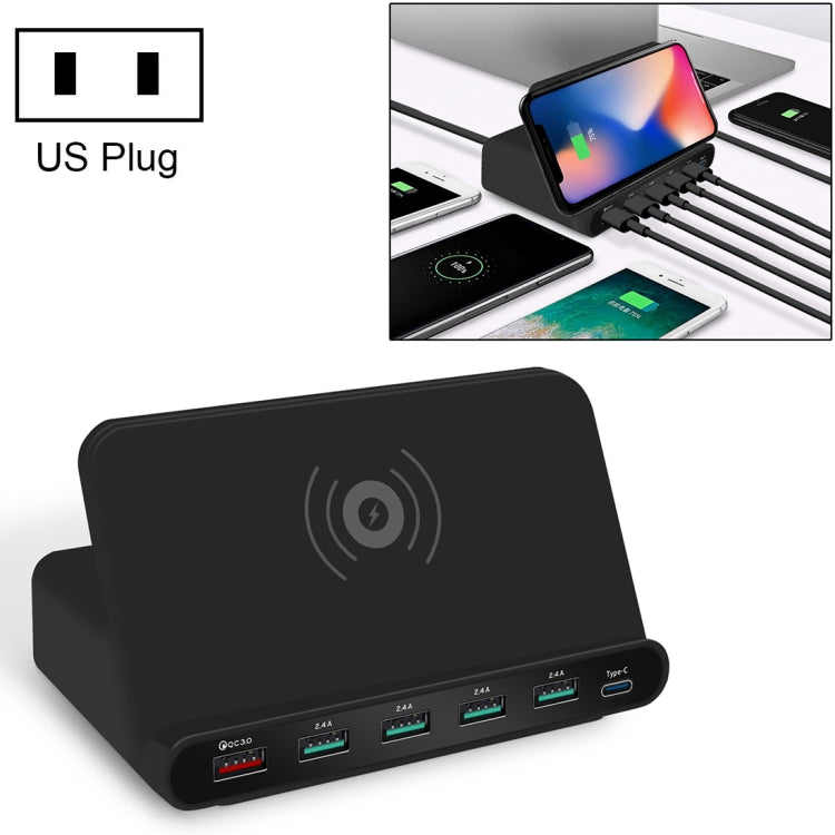 828W 7 in 1 60W QC 3.0 USB Interface + 4 USB Ports + USB-C / Type-C Interface + Wireless Charging Multi-function Charger with Mobile Phone Holder Function, US Plug, US Plug White, US Plug Black
