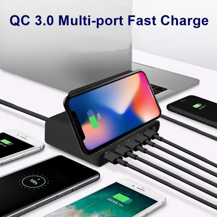 828W 7 in 1 60W QC 3.0 USB Interface + 4 USB Ports + USB-C / Type-C Interface + Wireless Charging Multi-function Charger with Mobile Phone Holder Function, US Plug, US Plug White, US Plug Black