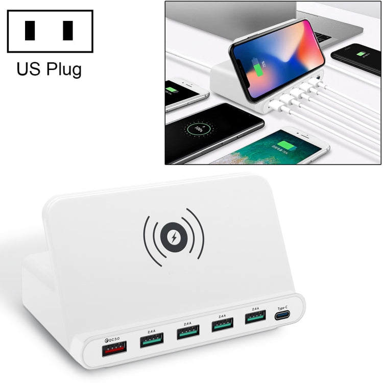 828W 7 in 1 60W QC 3.0 USB Interface + 4 USB Ports + USB-C / Type-C Interface + Wireless Charging Multi-function Charger with Mobile Phone Holder Function, US Plug, US Plug White, US Plug Black