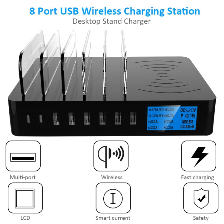 50W 6 USB Ports + 2 USB-C / Type-C Ports + Wireless Charging Multi-function Charger with LED Display & Detachable Bezel, EU Plug, EU Plug