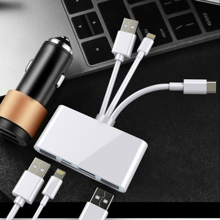 5 in 1 8 Pin + Type-C / USB-C + USB + TF Card + SD Card Multi-function Camera Reader Adapter, 5 in 1