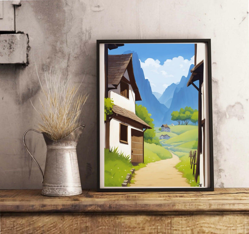 Serene Retreat Village Print – Peaceful Mountain Art