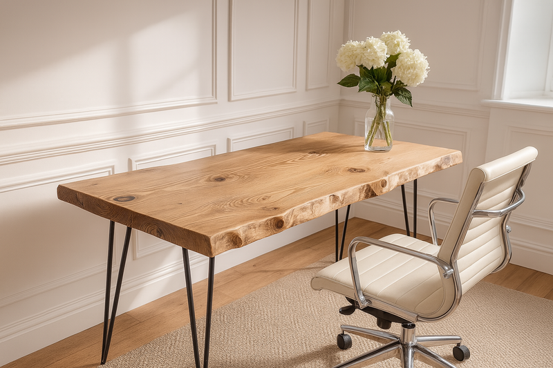 Live / Waney Edge Study Desk / Table With Metal Hairpin Legs