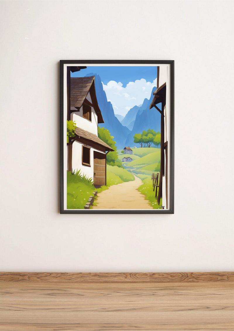 Serene Retreat Village Print – Peaceful Mountain Art