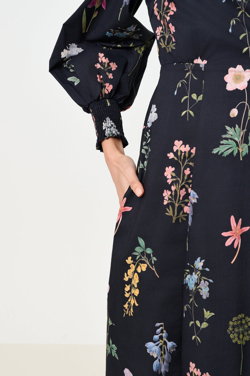 Jessie Flower Press Print Frill Neck Midi Dress