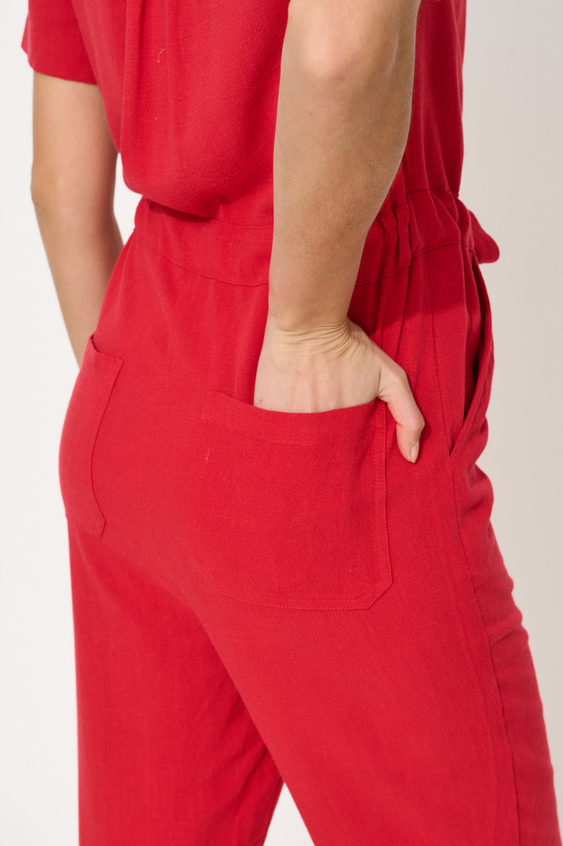Justin Linen Mix Short Sleeve Jumpsuit - Red