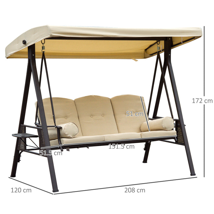 Steel Swing Chair Hammock Garden 3 Seater Canopy Cushion Shelter Beige