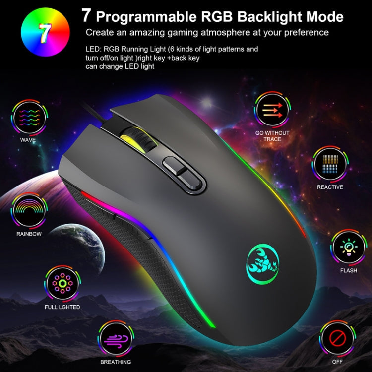 HXSJ A869 Type-C 7200dpi 6-modes Adjustable 7-keys RGB Light Wired Game Mouse, A869RGB-TYPE-C