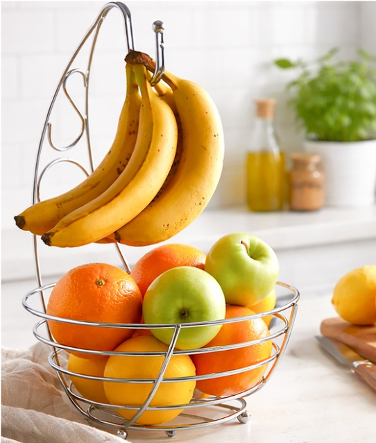 Chrome Fruit Basket with Banana Hanger Kitchen Counter Stand