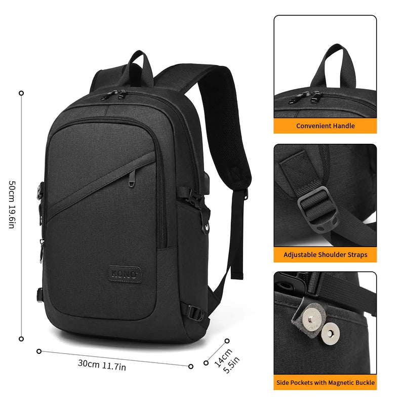 Kono Anti-Theft Travel Laptop Backpack - 15.6” USB Charging Rucksack Lightweight