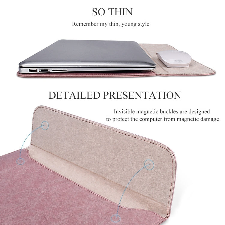 PU01S PU Leather Horizontal Invisible Magnetic Buckle Laptop Inner Bag for 14.1 inch laptops, with Small Bag, 14.1 inch with Small Bag