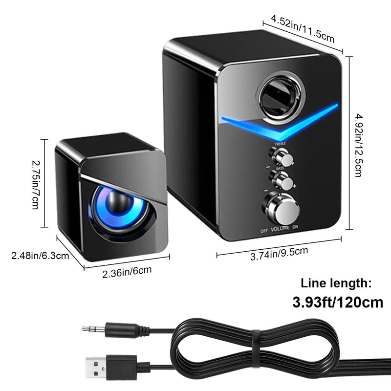 LED Computer Speakers - Stereo Bass Subwoofer for Desktop & Laptop USB Wired 3.5mm Jack