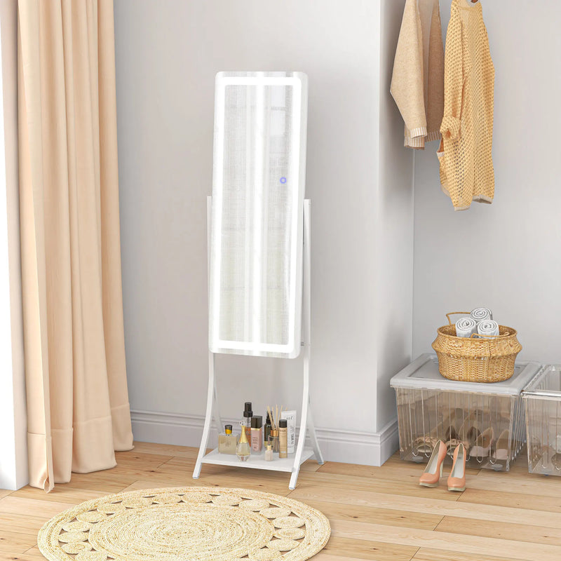 LED Light Full Length Mirror – Freestanding Floor Mirror Storage Shelf Standing