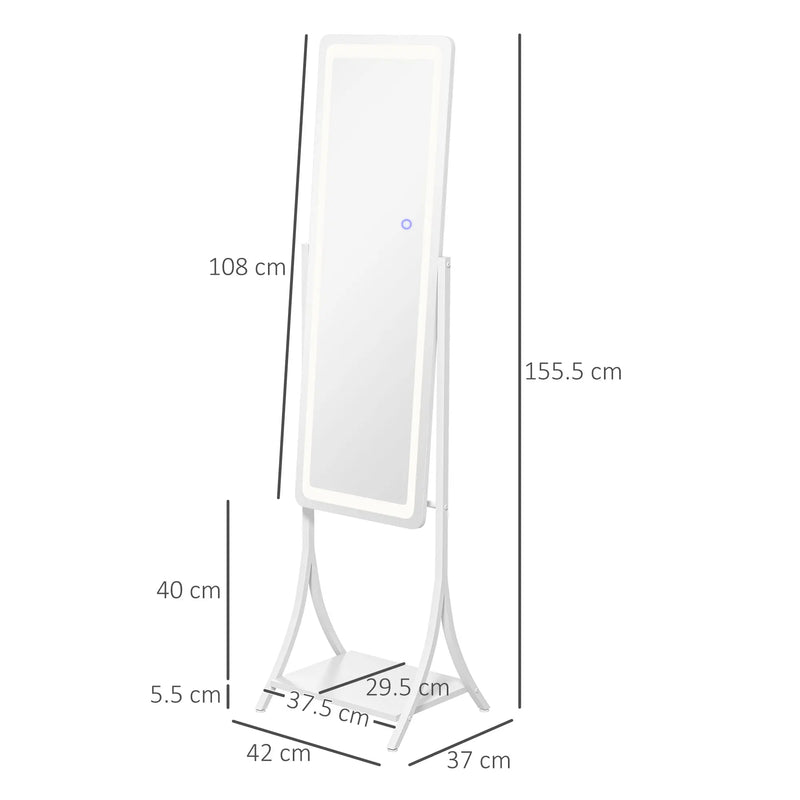 LED Light Full Length Mirror – Freestanding Floor Mirror Storage Shelf Standing