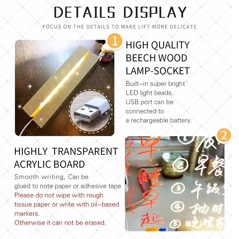 LED Message Board Night Light Wooden Base – Kids Drawing & Erasable Note Pad