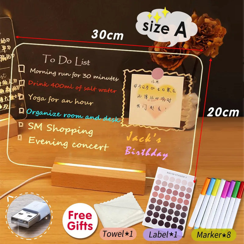 LED Message Board Night Light Wooden Base – Kids Drawing & Erasable Note Pad