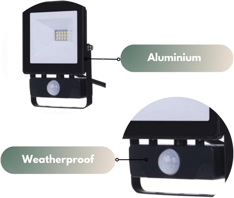 10W LED Outdoor Floodlight with PIR Motion Sensor 800 Lumens