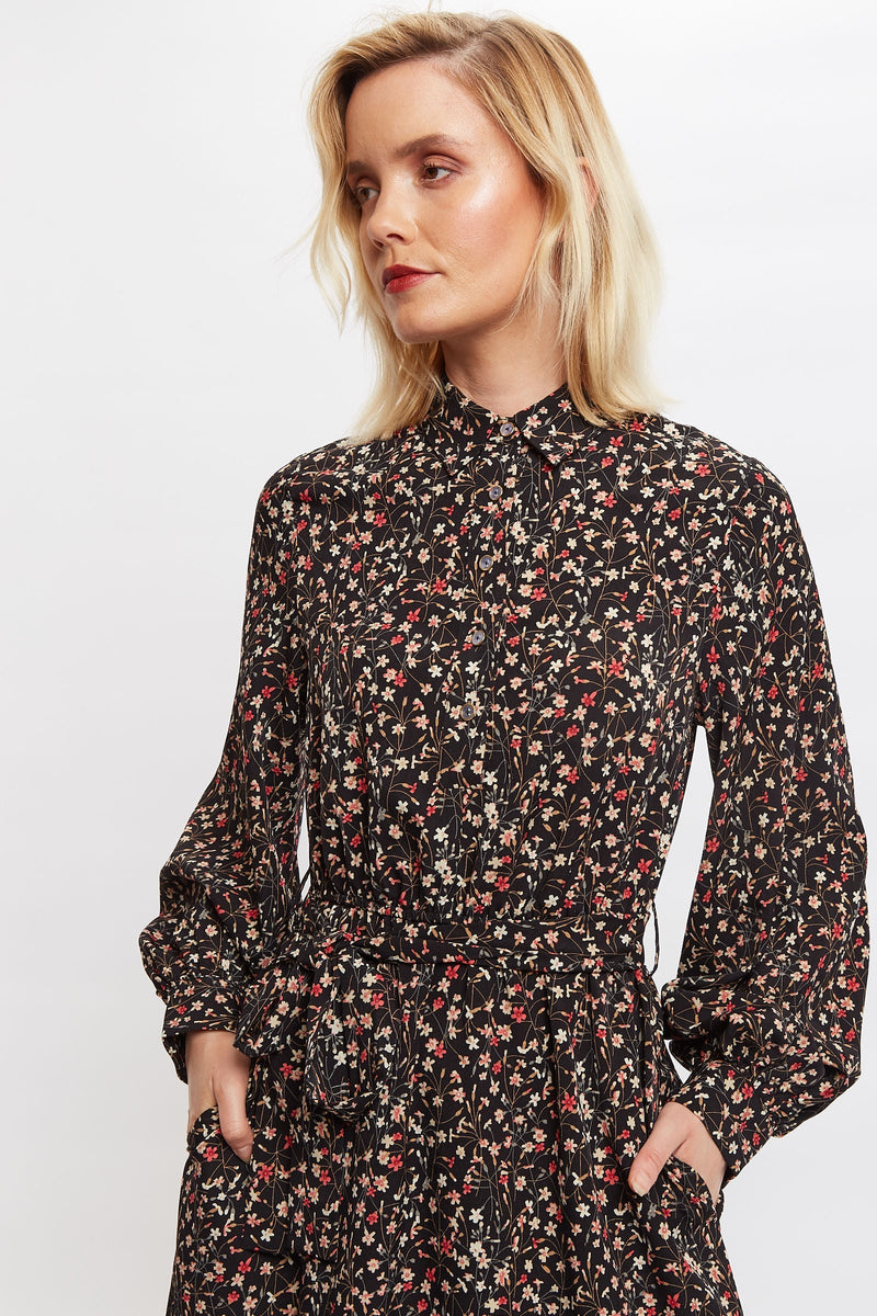 Louche Leonie Wax Flower Long Sleeve Midi Shirtdress