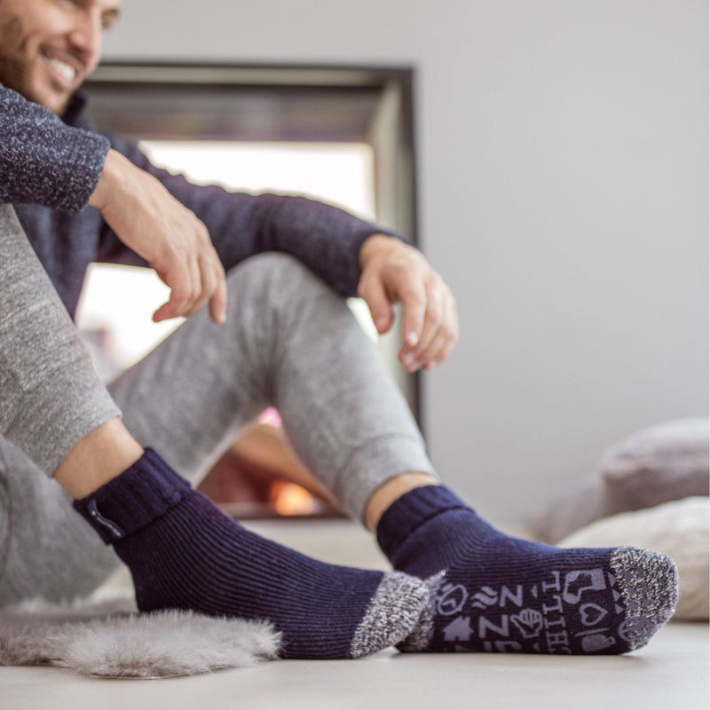 Mens Turnover Thermal Fleece Lined Bed Socks with Non Slip Grips