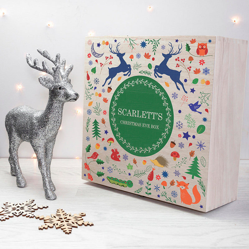 Personalised Festive Woodland Green Christmas Eve Box