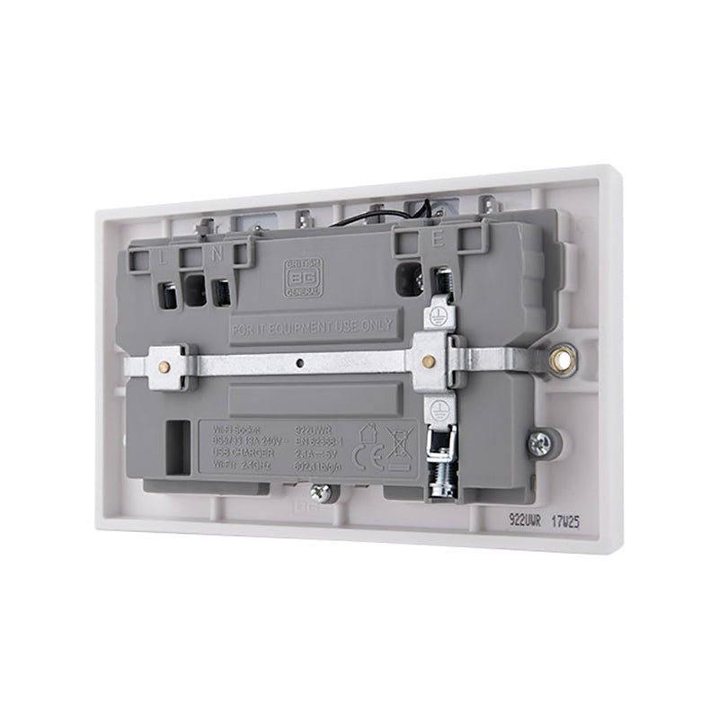 British General Square Edge 13A 2 Gang Switched Socket with Wi-Fi Extender + 1x USB-A 2.1A - White