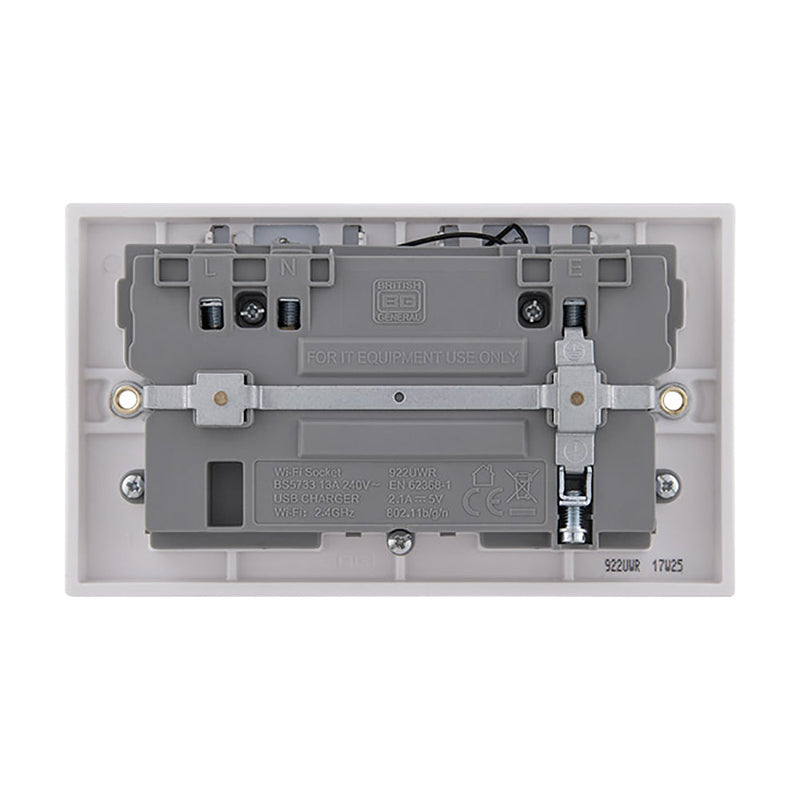 British General Square Edge 13A 2 Gang Switched Socket with Wi-Fi Extender + 1x USB-A 2.1A - White