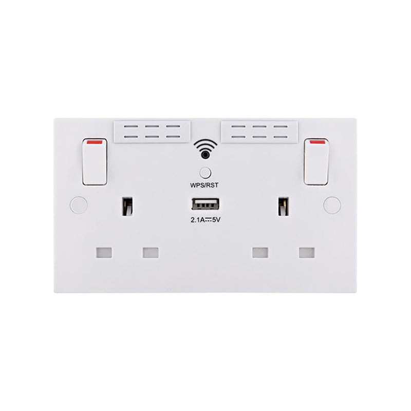 British General Square Edge 13A 2 Gang Switched Socket with Wi-Fi Extender + 1x USB-A 2.1A - White