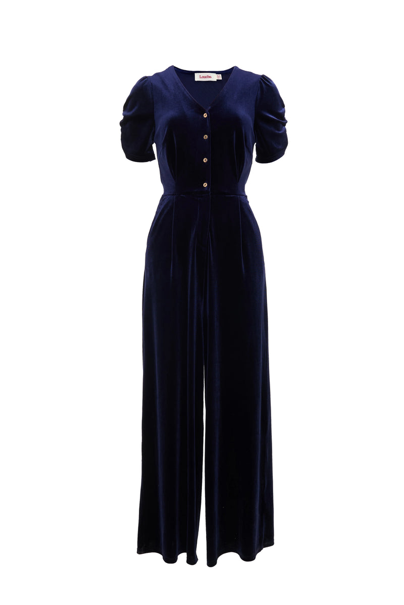Lyes Velvet Short Sleeved Jumpsuit - Navy