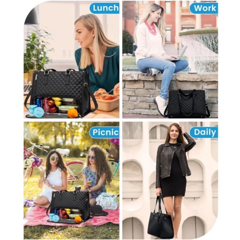 Large Capacity 15.6 Inch Handbag Leather Laptop Insulated Lunch Tote Bag Women