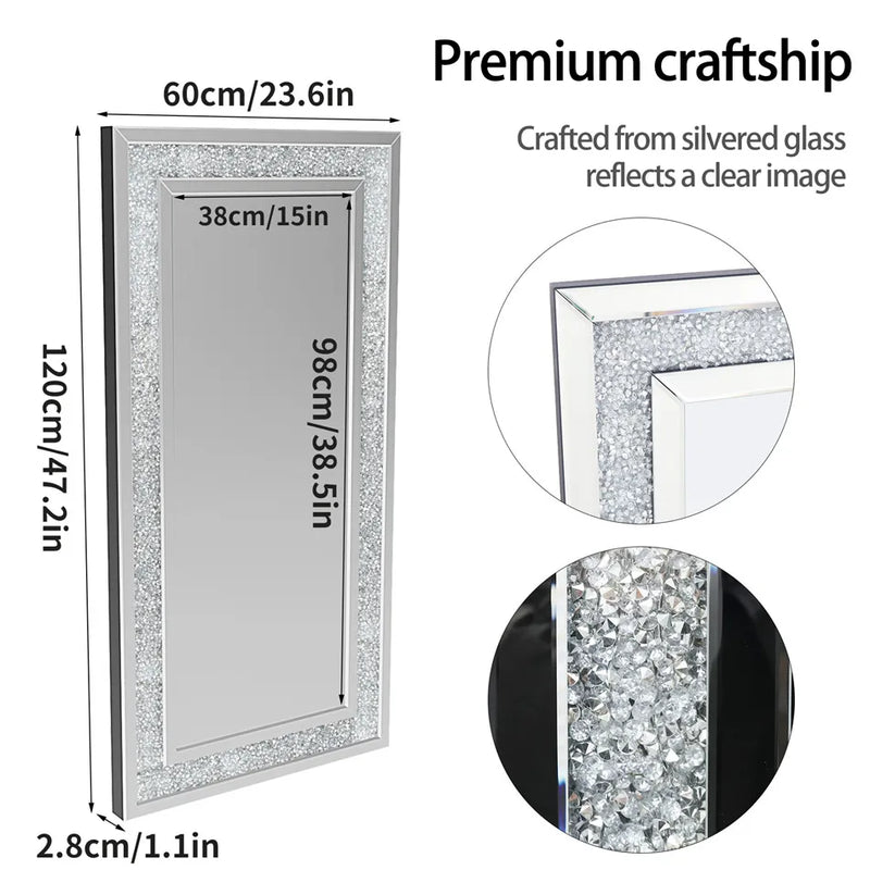 Large Luxury Silver Sparkly Crystal Rhinestone Diamond Vanity Mirror Wall Mounted