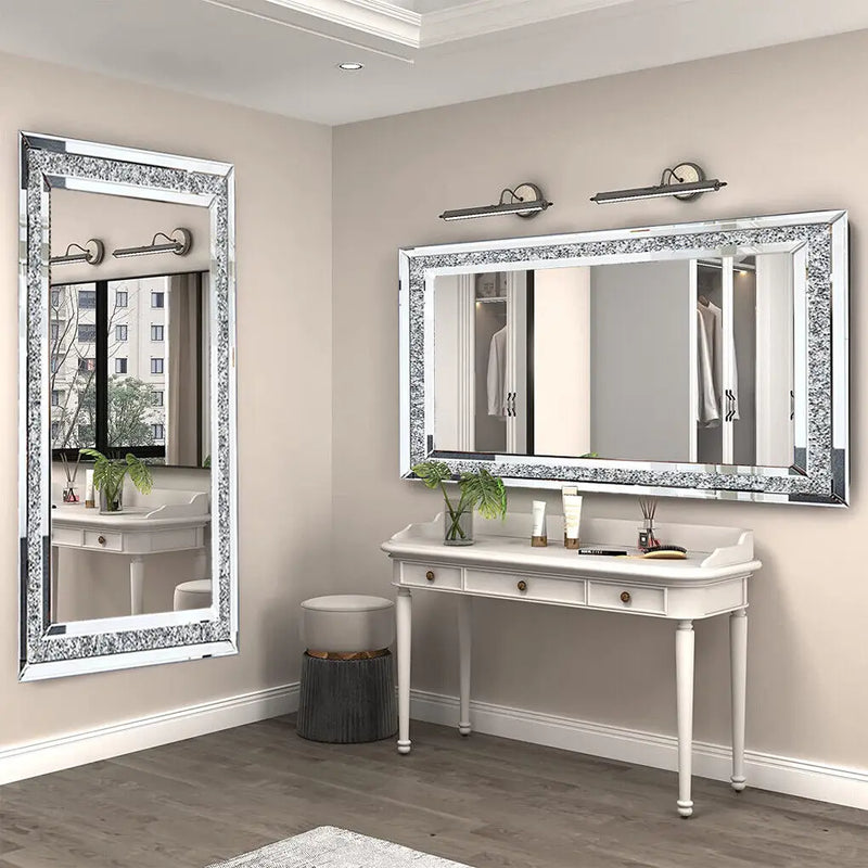 Large Luxury Silver Sparkly Crystal Rhinestone Diamond Vanity Mirror Wall Mounted