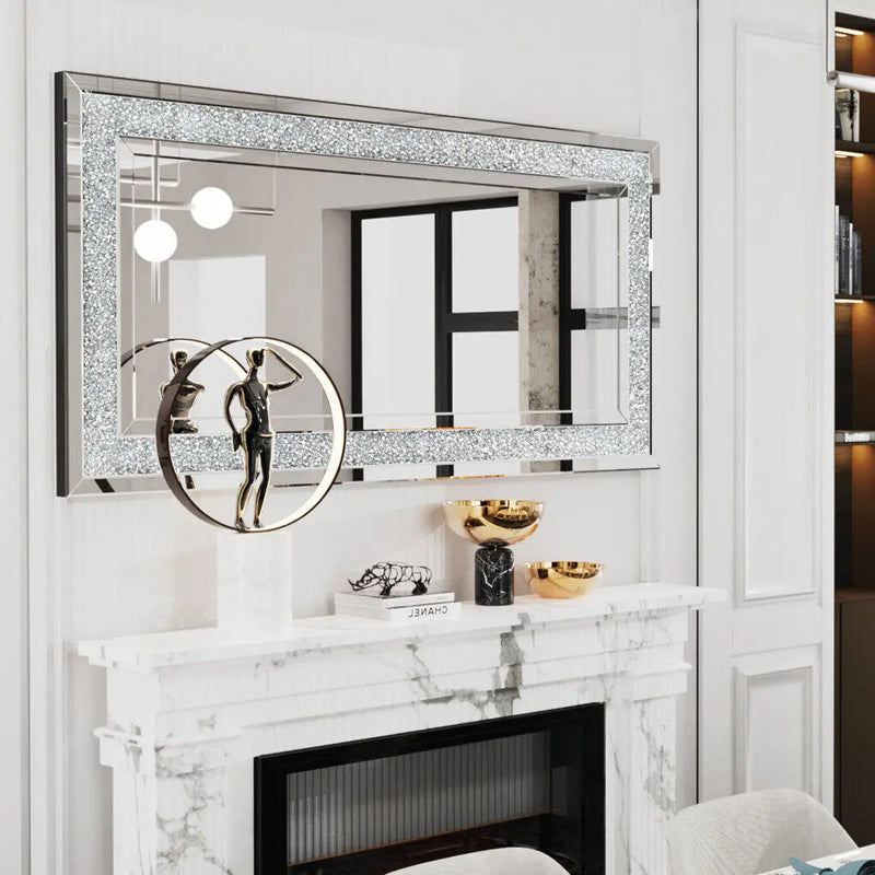 Large Luxury Silver Sparkly Crystal Rhinestone Diamond Vanity Mirror Wall Mounted