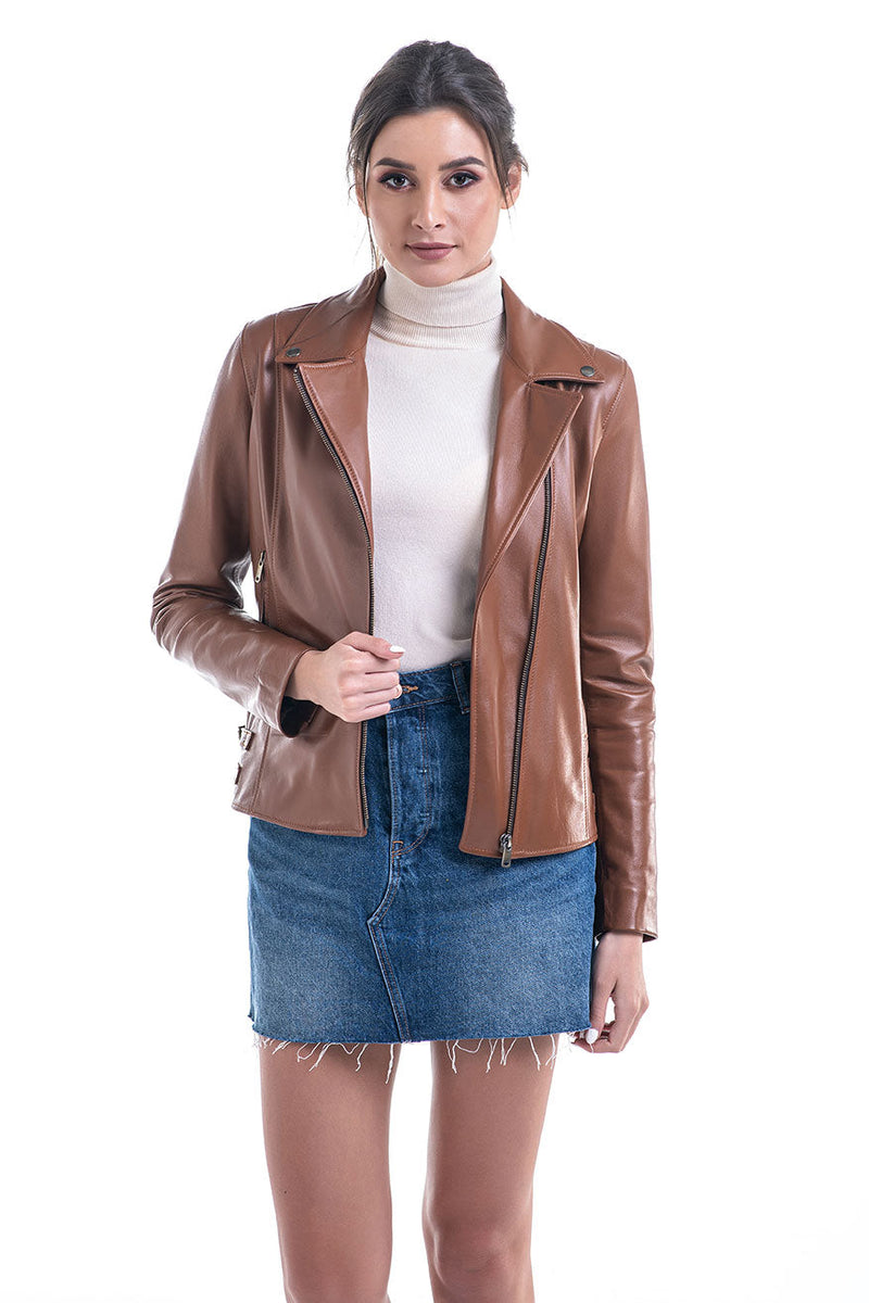 Chocolate Genuine Sheepskin Jacket with Diagonal Zipper