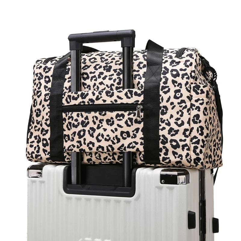 Leopard Print Large Duffel Luggage Bag Shoe Compartment Sports Gym Travel Duffle
