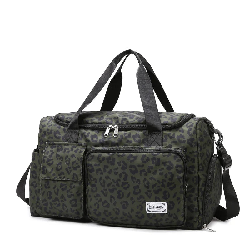 Leopard Print Large Duffel Luggage Bag Shoe Compartment Sports Gym Travel Duffle