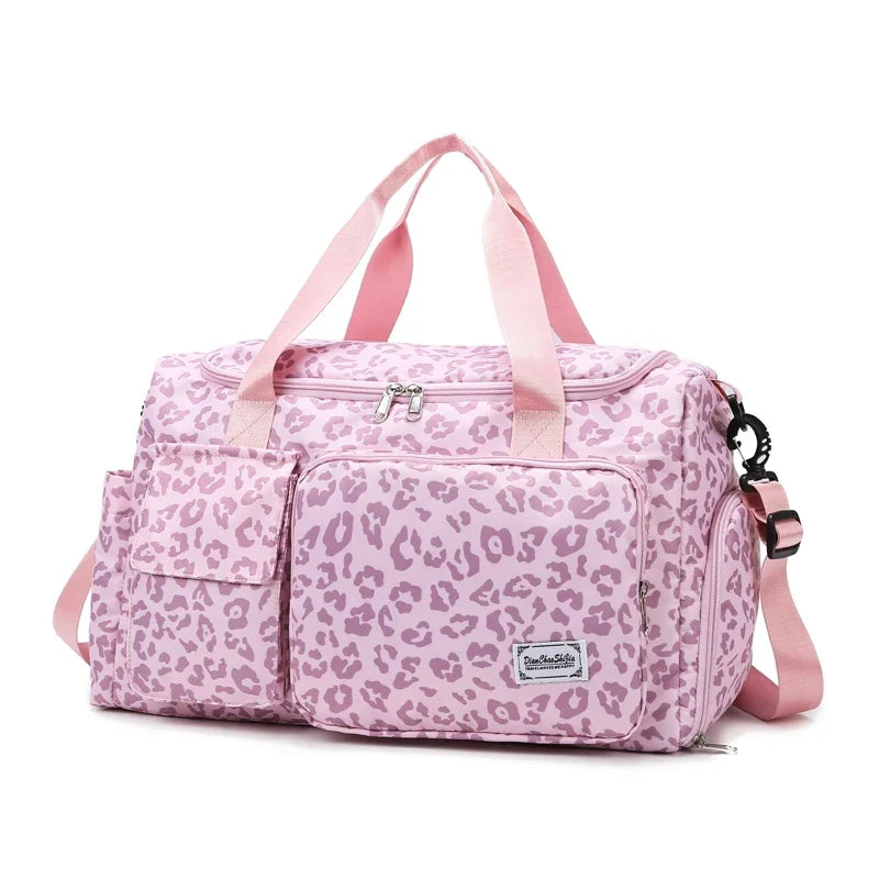 Leopard Print Large Duffel Luggage Bag Shoe Compartment Sports Gym Travel Duffle