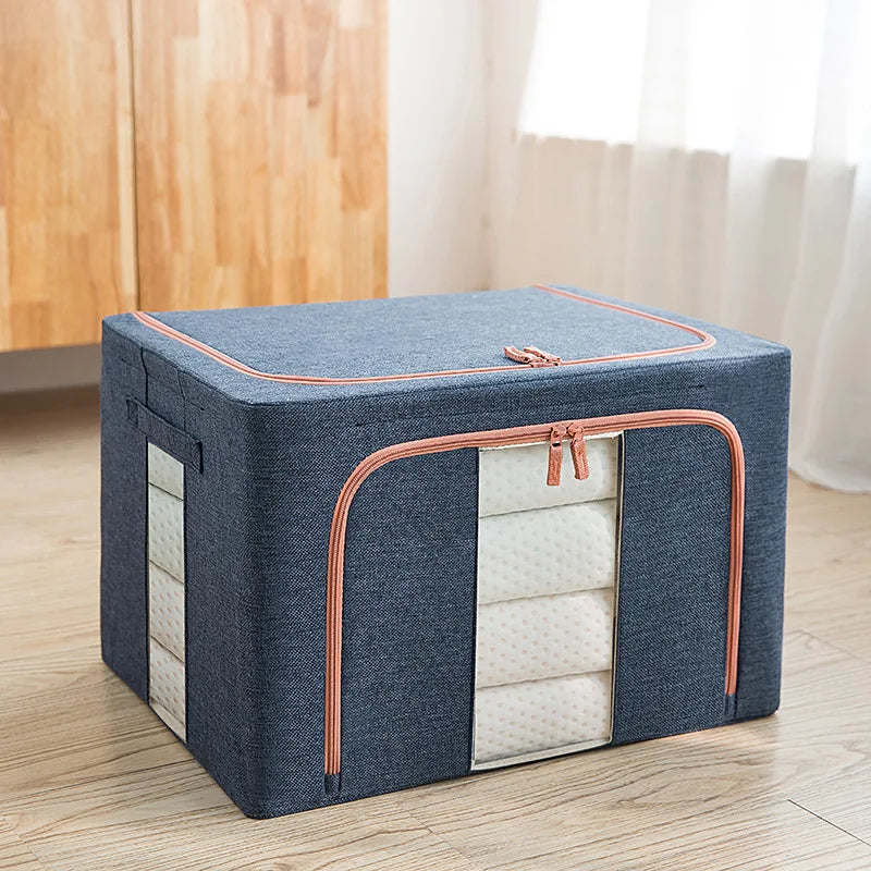Light Blue Large Capacity Clothes Storage Box – Foldable with Steel Frame 24L