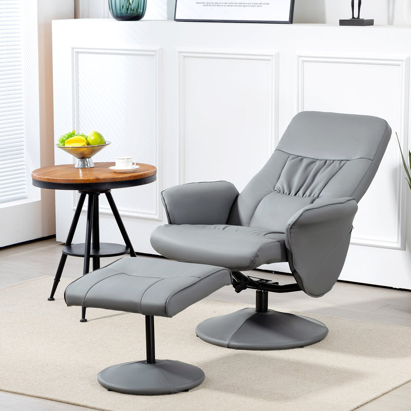 Swivel Recliner Chair Footstool PU Leather Armchair Light Grey Living Room Stool