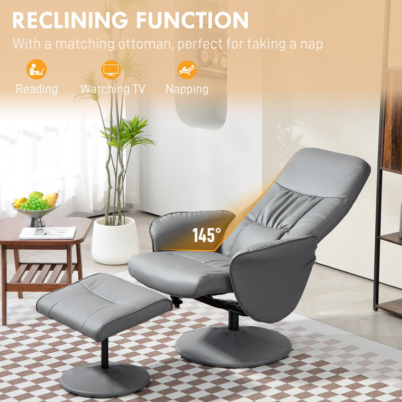 Swivel Recliner Chair Footstool PU Leather Armchair Light Grey Living Room Stool