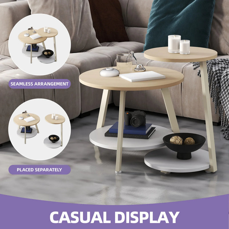 Light Wood Nesting Coffee Table Set 2 Round Side Tables Storage Shelf Beige Nest