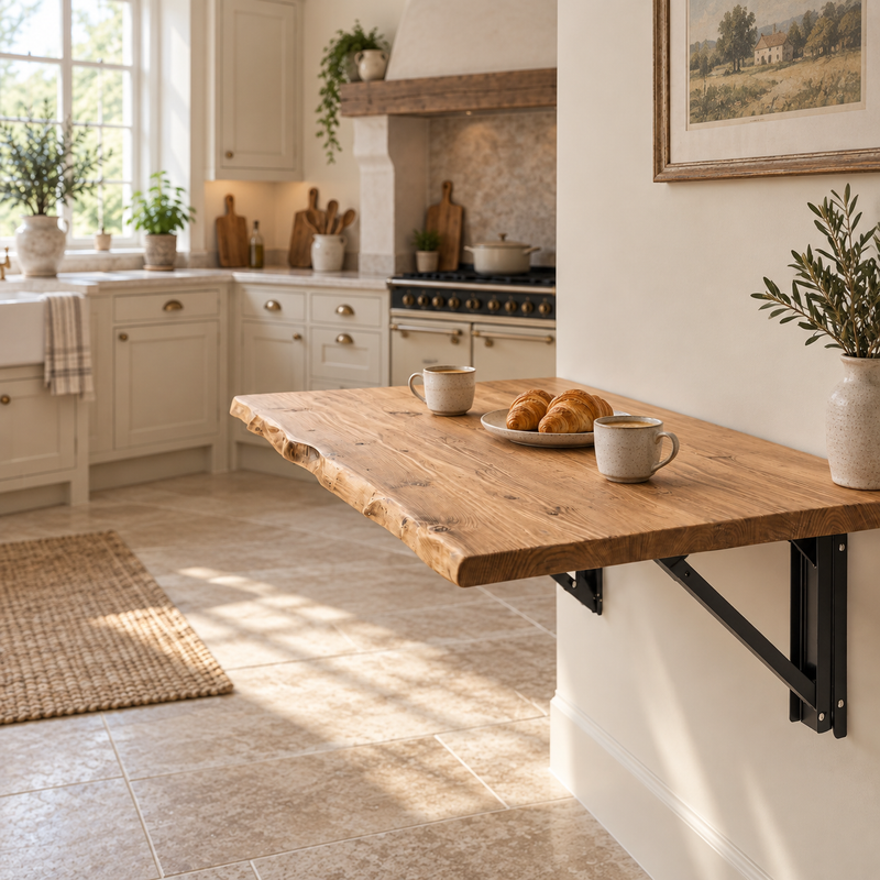 Live / Waney Edge Foldable Wall-Mounted Solid Wood Table – Rustic Wood with Heavy-Duty Black Brackets – Space-Saving Desk for Kitchen, Office, or Small Spaces
