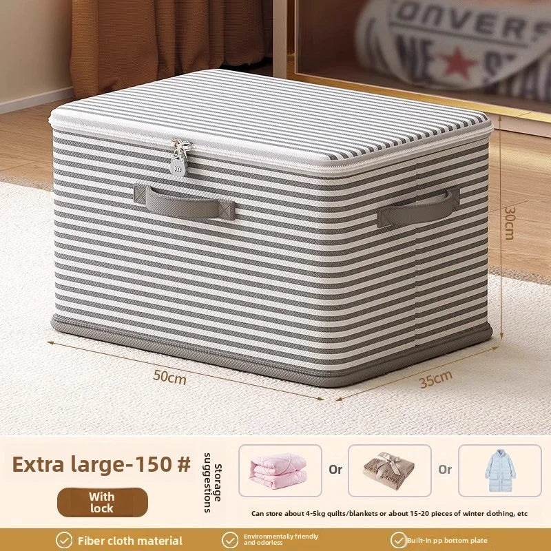 Lockable Foldable Storage Box for Clothes, Blankets & Toys – Grey & White Stripe