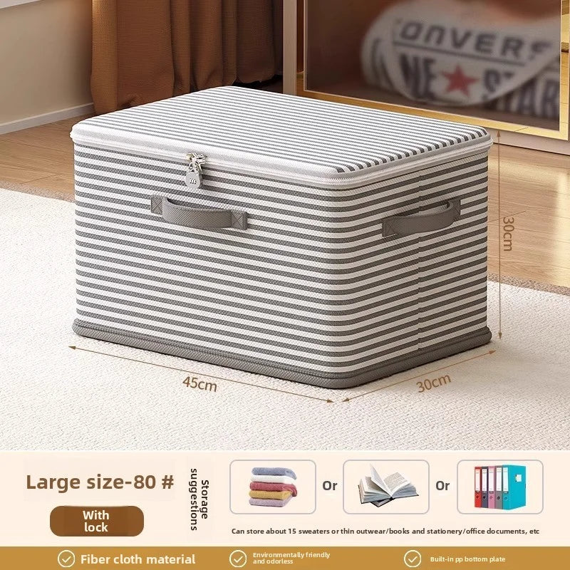 Lockable Foldable Storage Box for Clothes, Blankets & Toys – Grey & White Stripe