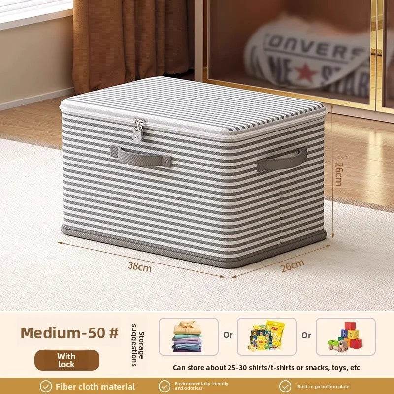 Lockable Foldable Storage Box for Clothes, Blankets & Toys – Grey & White Stripe