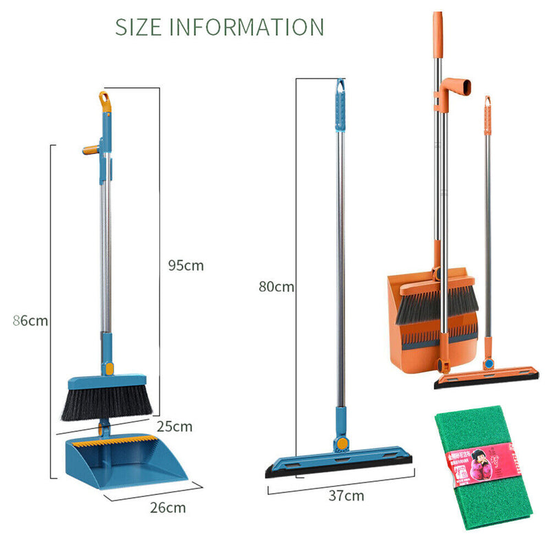 Long Handle Dustpan and Brush Set Strong Metal Handle Broom Sweeper Rotating