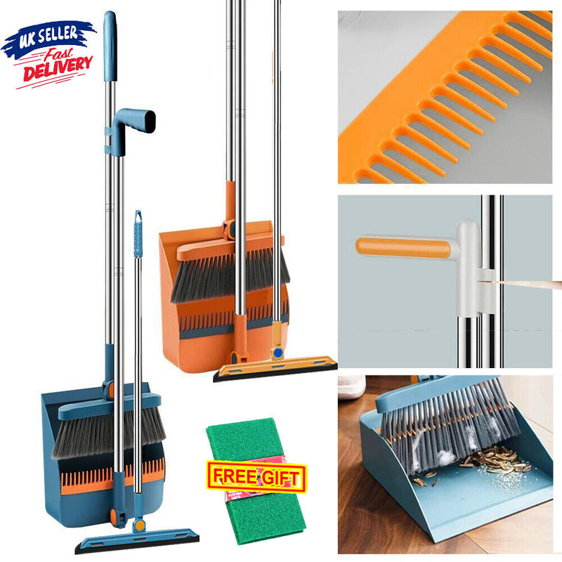 Long Handle Dustpan and Brush Set Strong Metal Handle Broom Sweeper Rotating